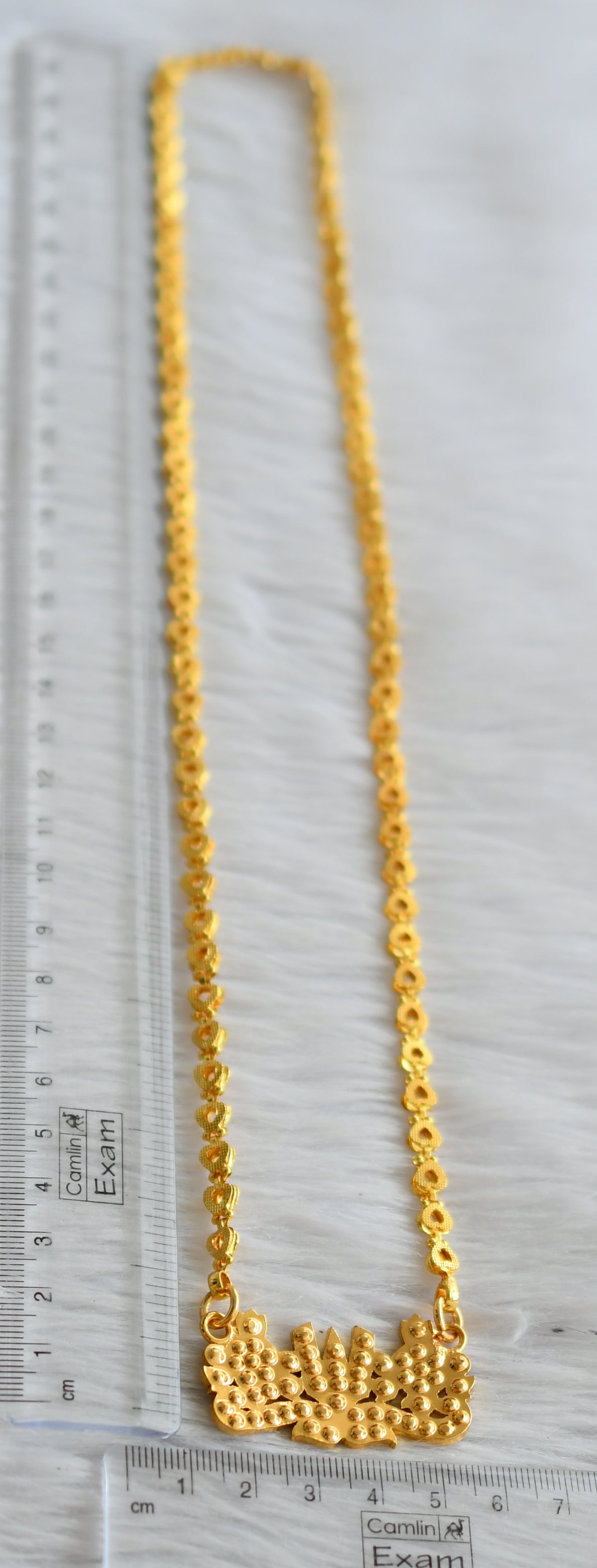 Gold tone 24 inches heart chain with ad pink-white shanku-chakra-nama pendant dj-44799