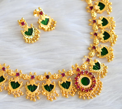 Gold tone pink-green kerala style palakka necklace set dj-43262