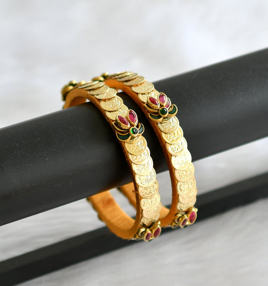 Gold tone silk thread pink-green stone kundan jadau lotus lakshmi coin bangles(2.6) dj-43273