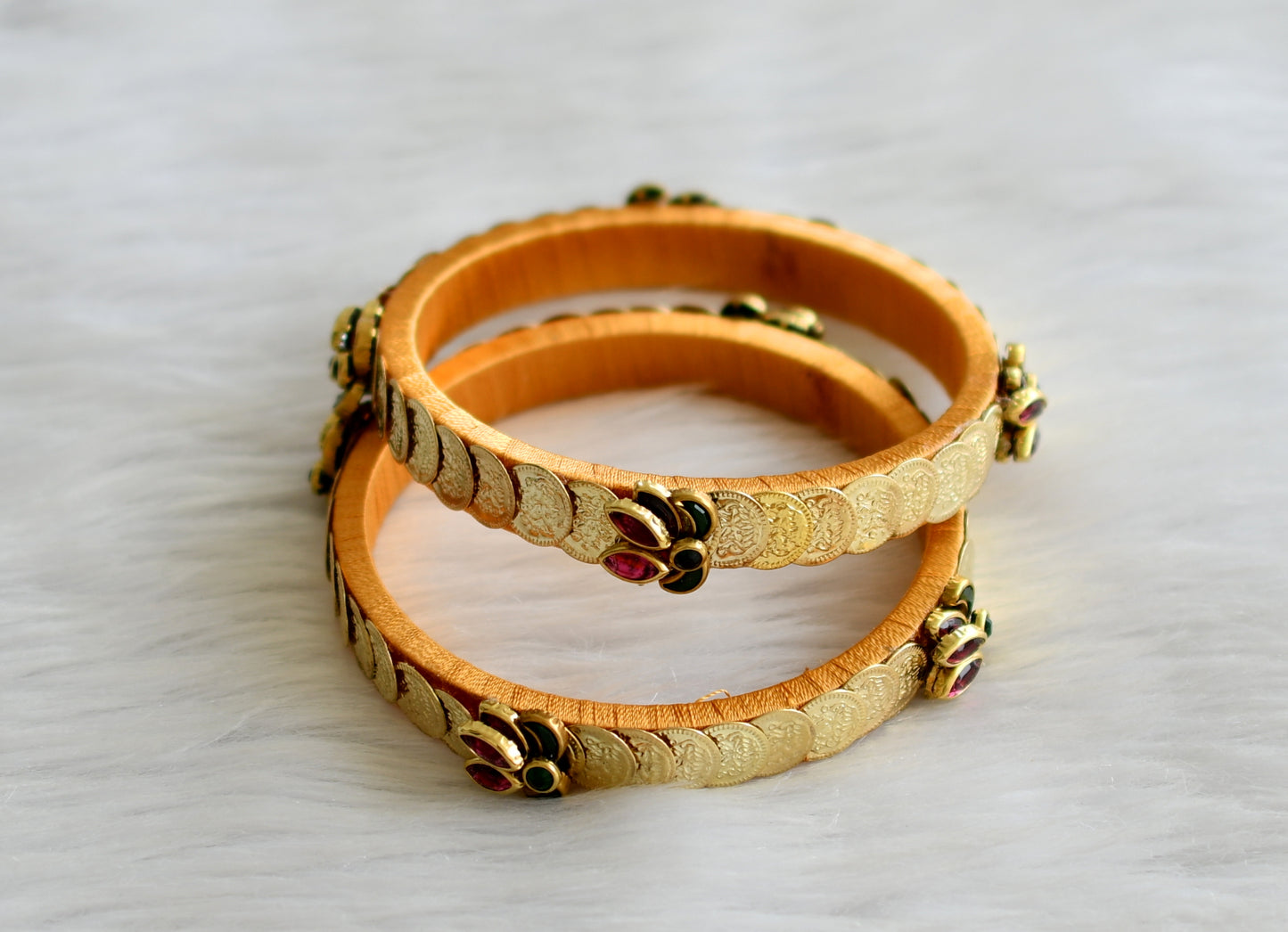 Gold tone silk thread pink-green kundan lotus lakshmi coin bangles(2.4) dj-43272