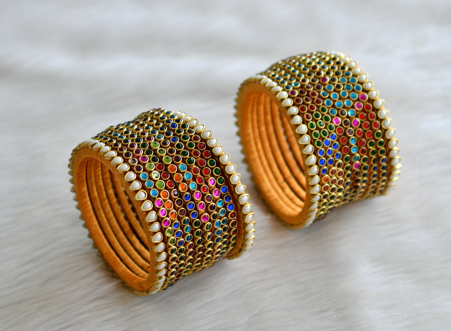 Gold tone silk thread multi colour stone kundan bangles(2.4) dj-43275