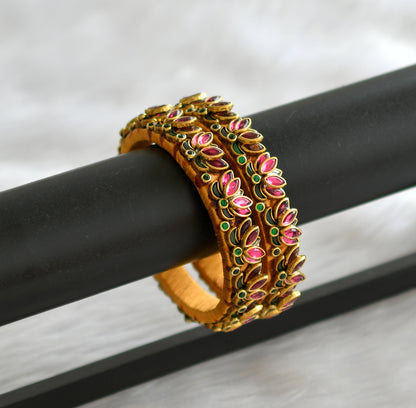 Gold tone silk thread pink-green stone lotus kundan bangles(2.4) dj-43278