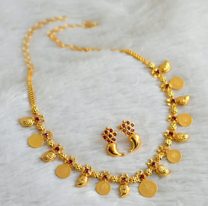 Gold tone kerala style pink stone lakshmi coin-mango necklace set dj-48224