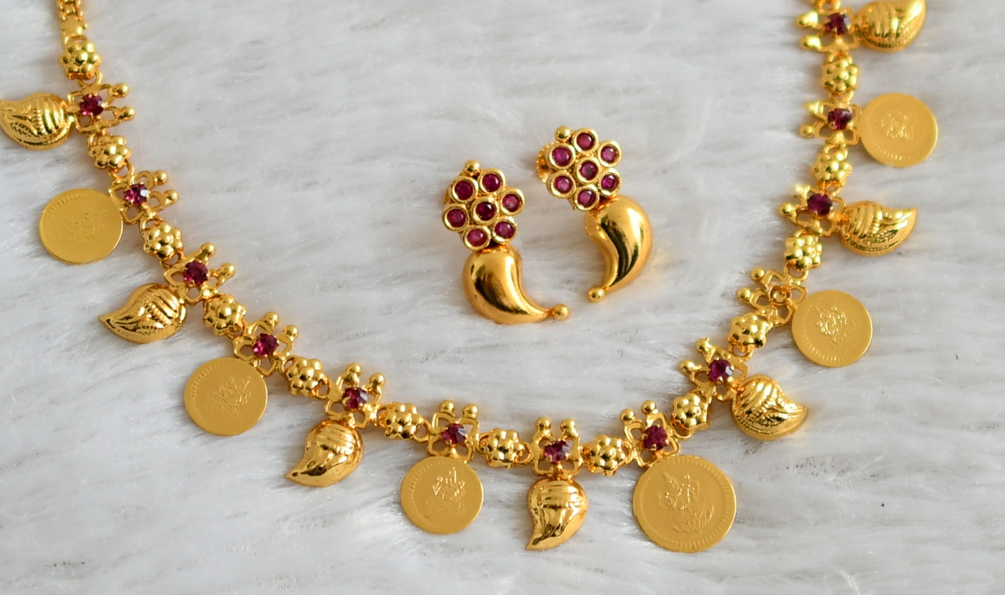 Gold tone kerala style pink stone lakshmi coin-mango necklace set dj-48224