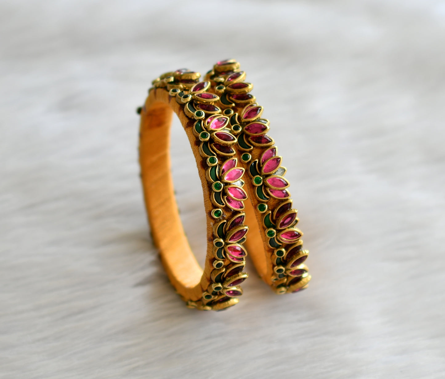 Gold tone silk thread pink-green stone lotus kundan bangles(2.6) dj-43279