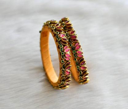 Gold tone silk thread pink-green stone lotus kundan bangles(2.10) dj-43281