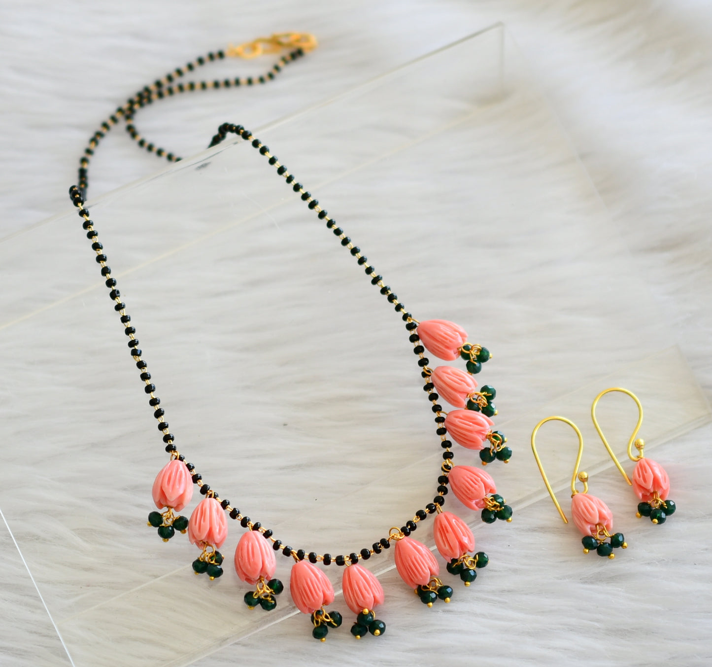 Gold tone baby pink-green cluster tulip beaded mangalsutra set dj-44821