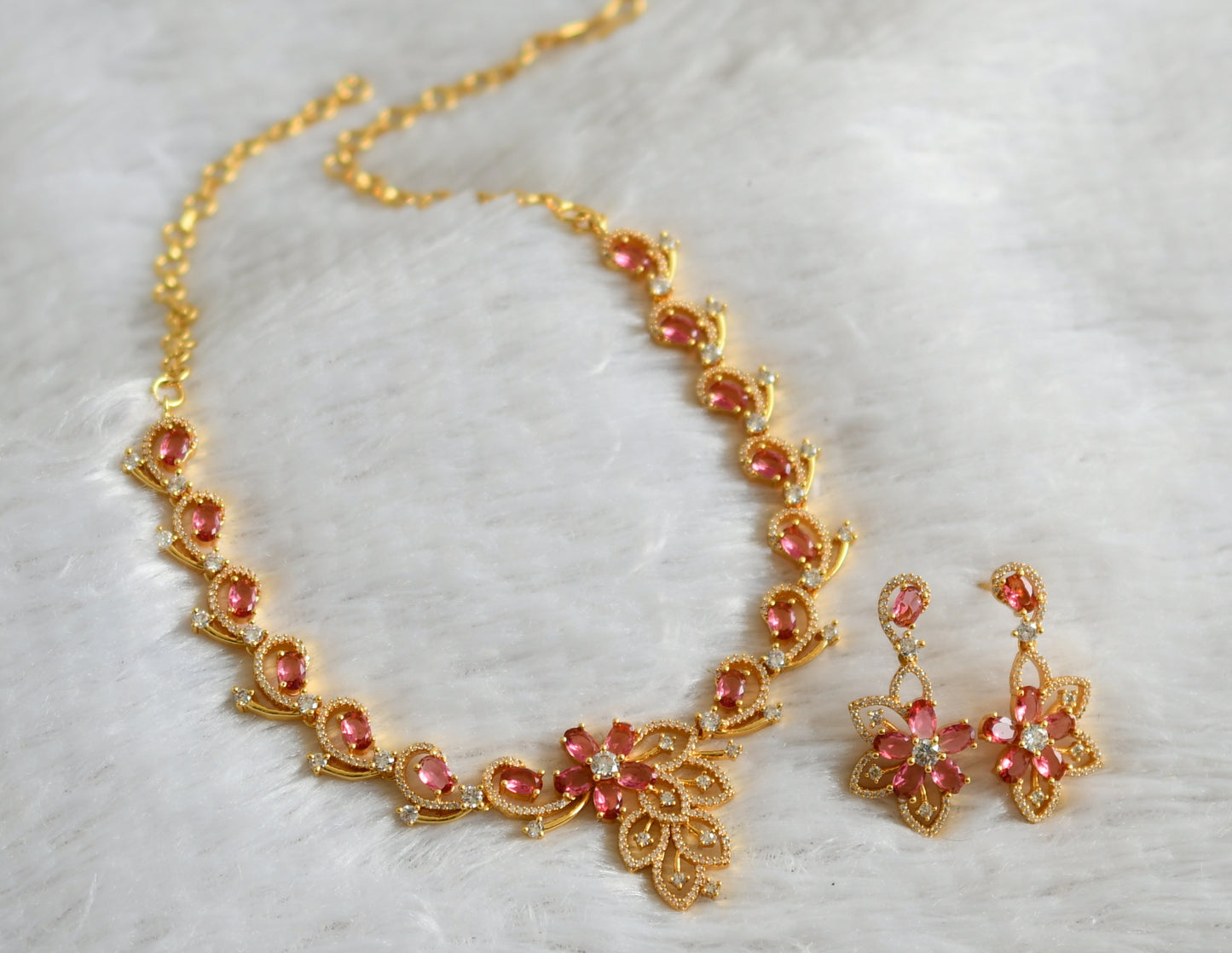 Gold tone cz-baby pink flower necklace set dj-48226