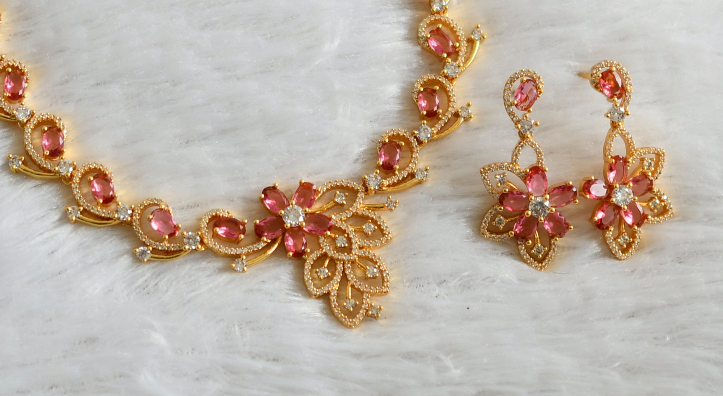 Gold tone cz-baby pink flower necklace set dj-48226