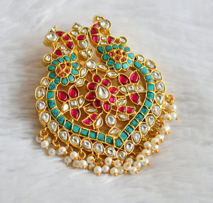Gold tone pink-white-turquoise blue kundan jadau peacock pendant dj-50219