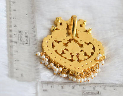 Gold tone pink-white-turquoise blue kundan jadau peacock pendant dj-50219