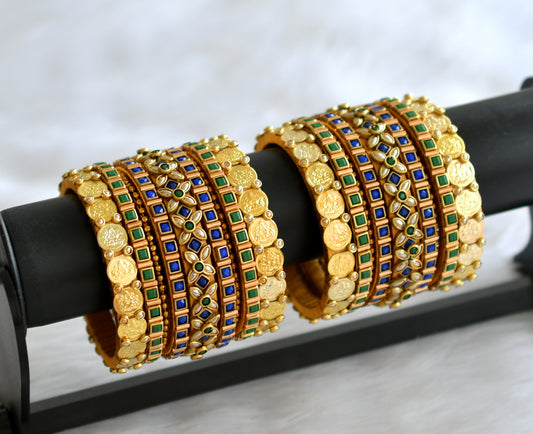 Gold tone silk thread blue-green stone kundan lakshmi coin bangles(2.8) dj-43287