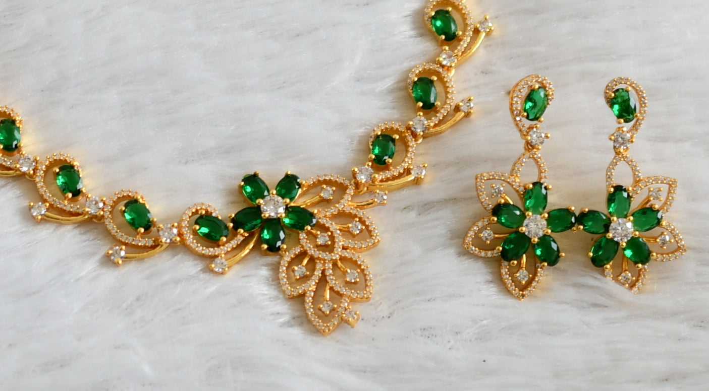 Gold tone cz-bottle green flower necklace set dj-48225