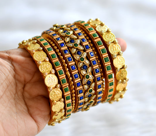 Gold tone silk thread blue-green stone kundan lakshmi coin bangles(2.8) dj-43287