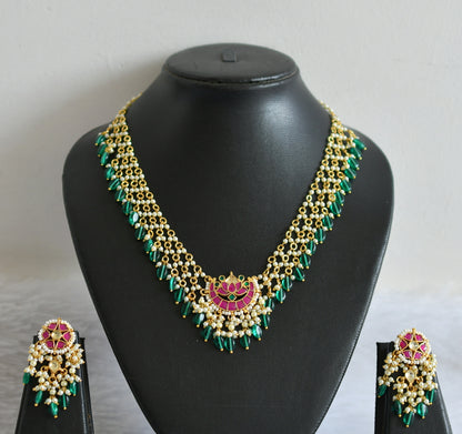 Gold tone pink-green-white kundan jadau pearl-green beaded moon lotus necklace set dj-50235