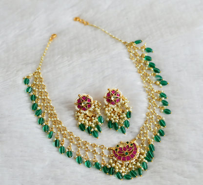 Gold tone pink-green-white kundan jadau pearl-green beaded moon lotus necklace set dj-50235