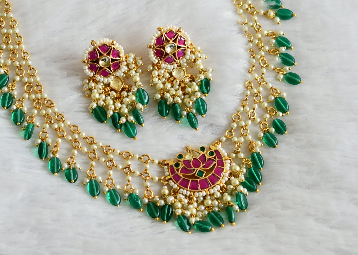 Gold tone pink-green-white kundan jadau pearl-green beaded moon lotus necklace set dj-50235