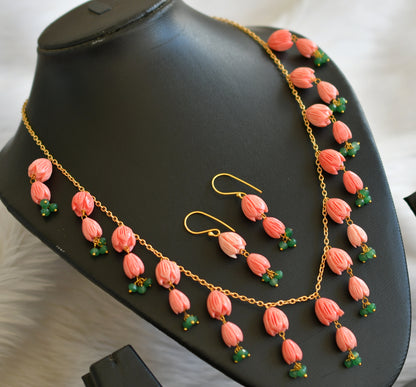 Gold tone baby pink-green tulip beaded necklace set dj-44827