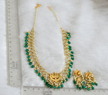 Gold tone pink-green-white kundan jadau pearl-green beaded moon lotus necklace set dj-50235