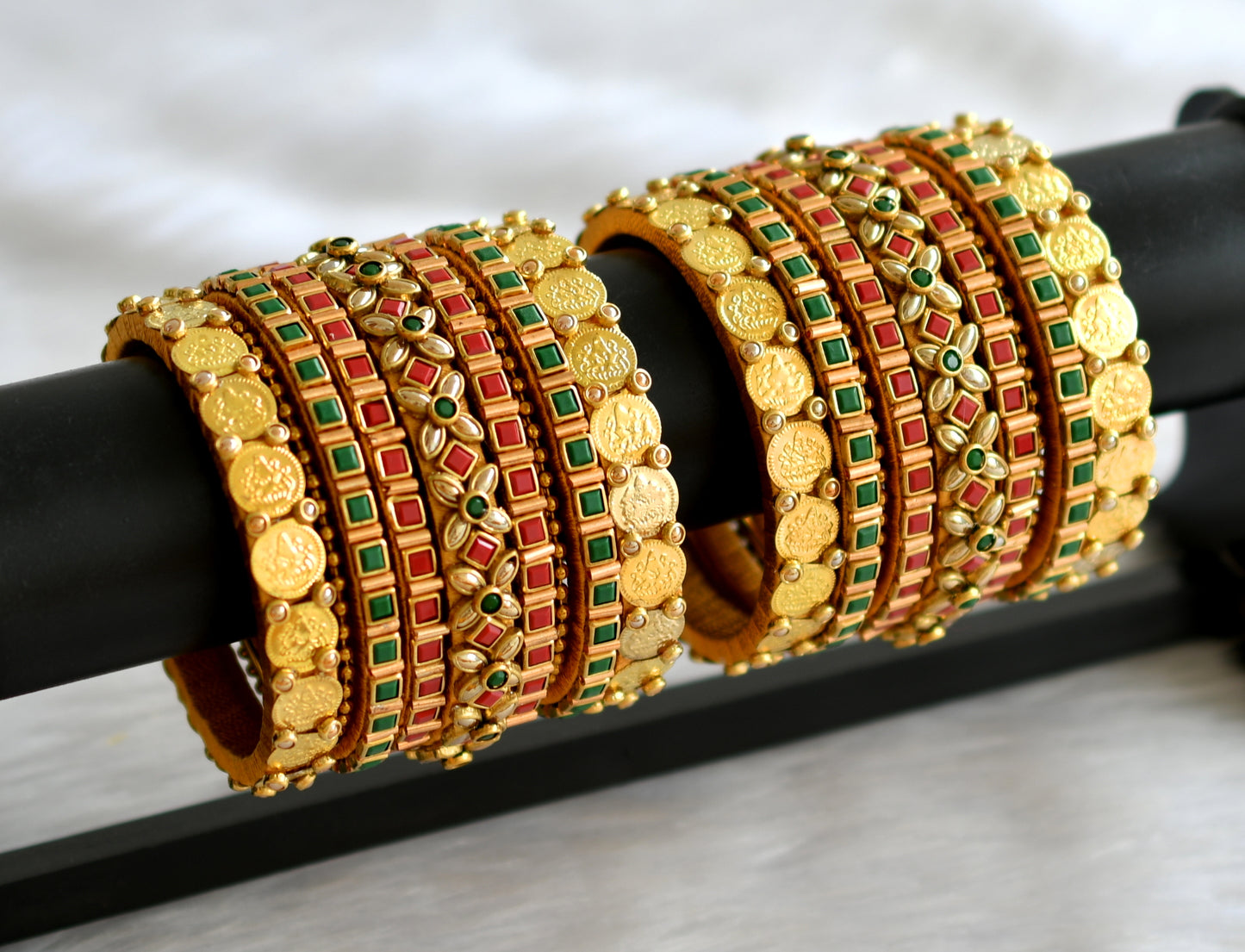 Gold tone silk thread red-green stone kundan lakshmi coin bangles(2.4) dj-43282