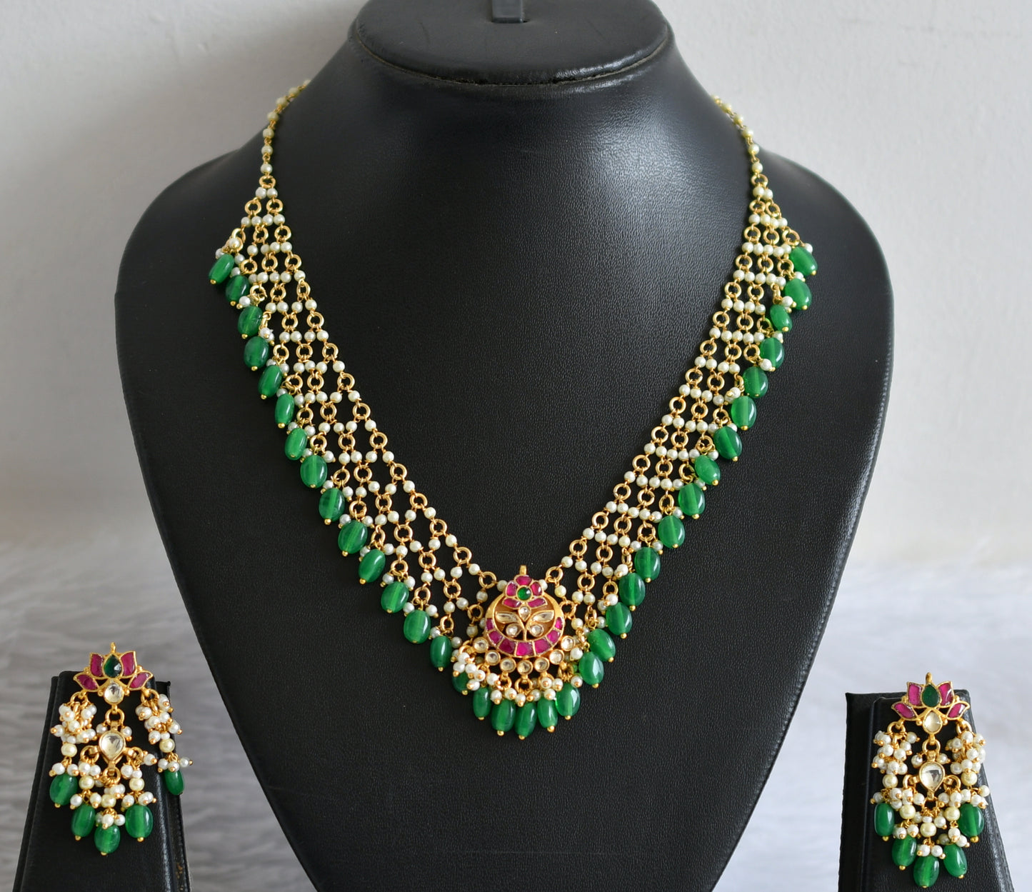Gold tone pink-green-white kundan jadau pearl-green beaded necklace set dj-50237