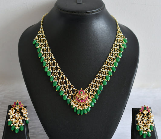 Gold tone pink-green-white kundan jadau pearl-green beaded necklace set dj-50237