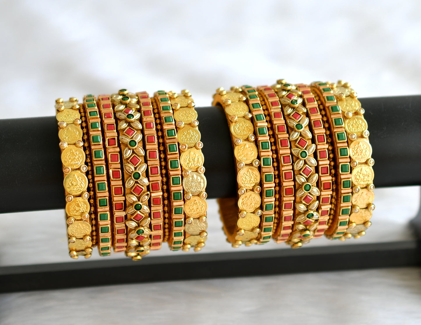 Gold tone silk thread red-green stone kundan lakshmi coin bangles(2.6) dj-43283