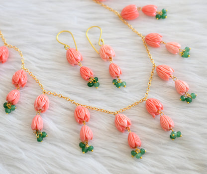 Gold tone baby pink-green tulip beaded necklace set dj-44827