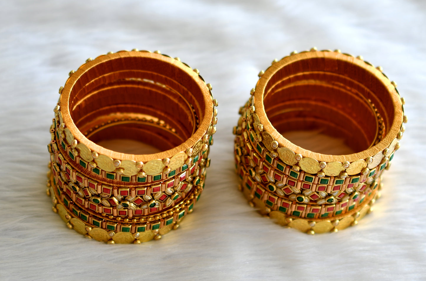 Gold tone silk thread red-green stone kundan lakshmi coin bangles(2.8) dj-43284