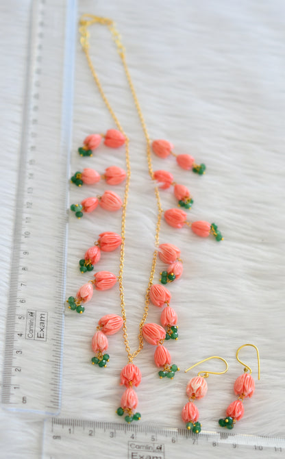 Gold tone baby pink-green tulip beaded necklace set dj-44827