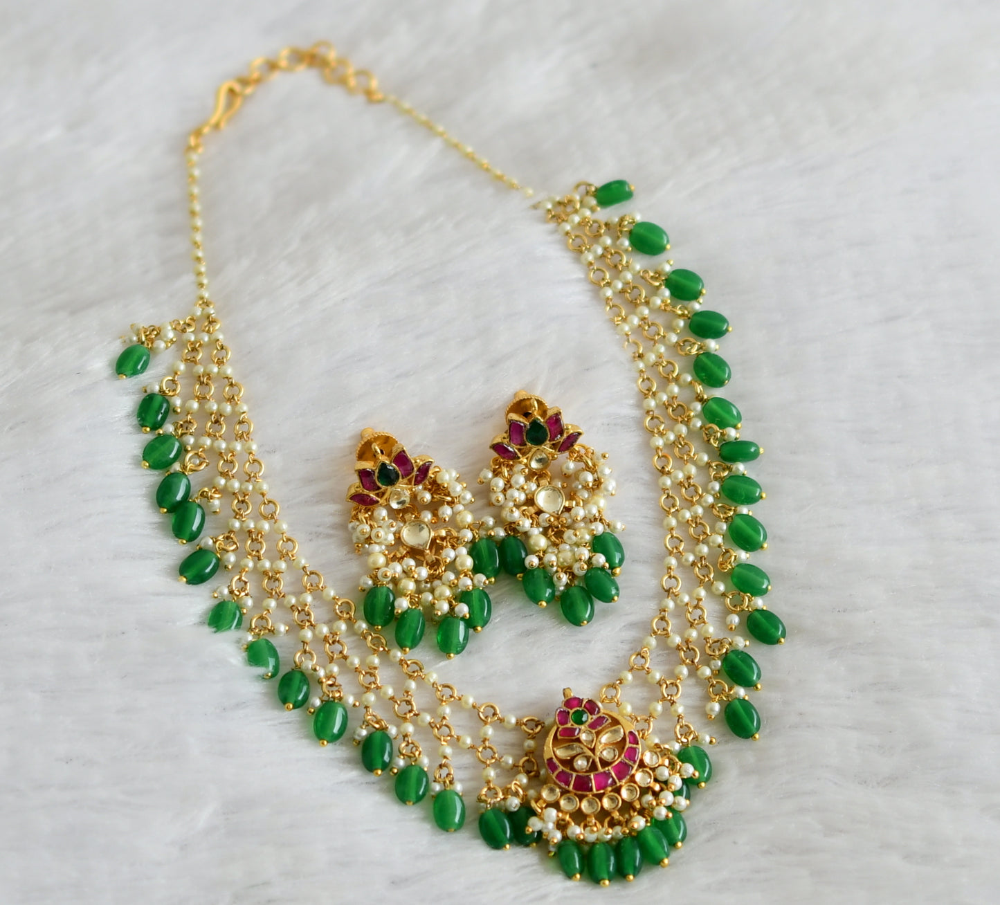 Gold tone pink-green-white kundan jadau pearl-green beaded necklace set dj-50237