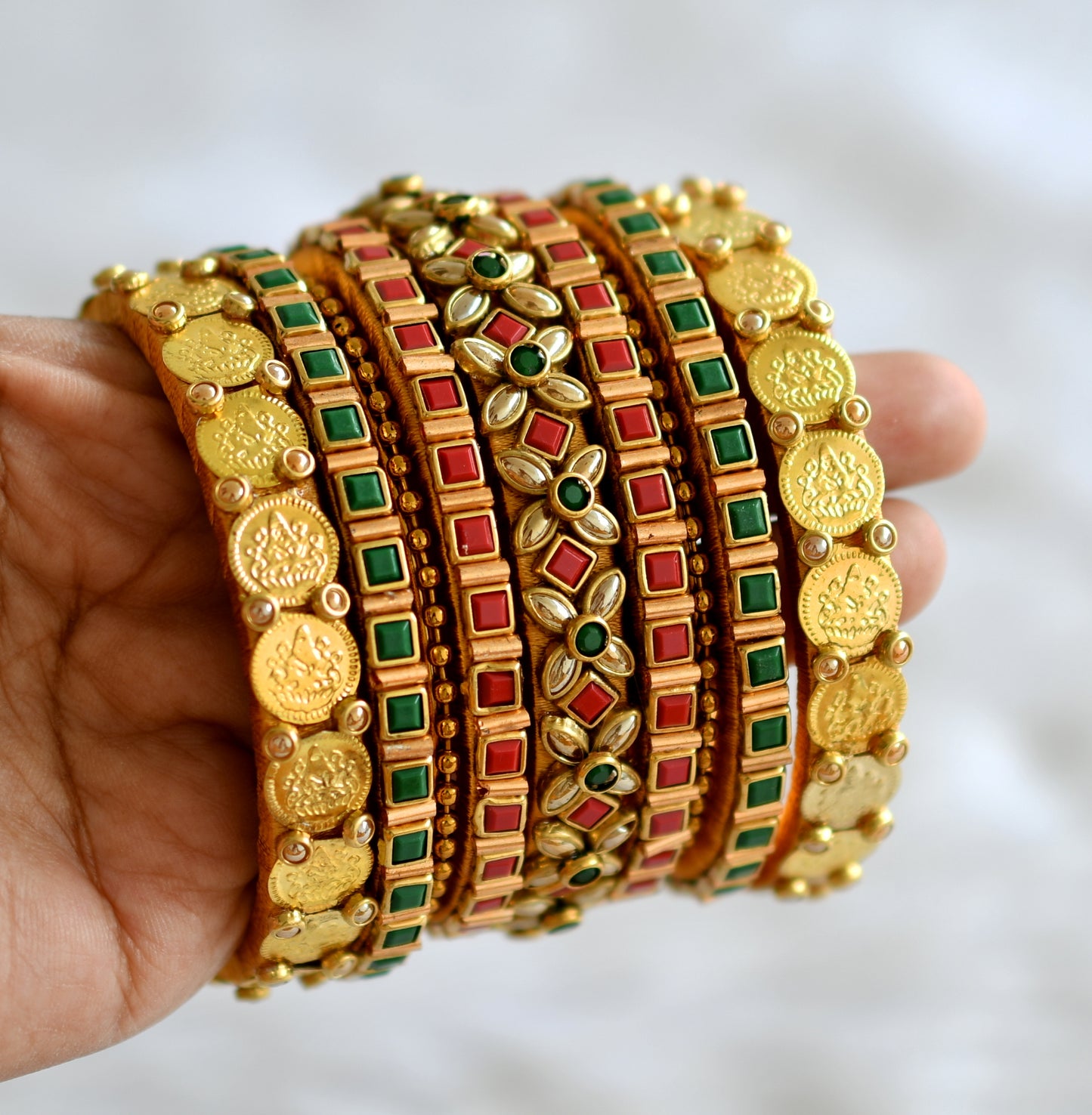 Gold tone silk thread red-green stone kundan lakshmi coin bangles(2.4) dj-43282