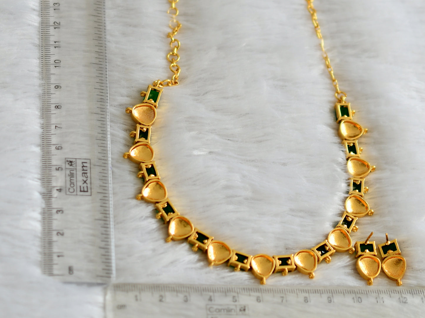 Gold tone bottle green block stone necklace set dj-48230