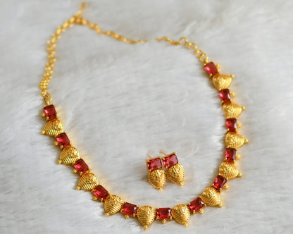 Gold tone magenta pink block stone necklace set dj-48229