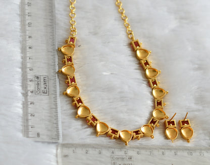 Gold tone magenta pink block stone necklace set dj-48229