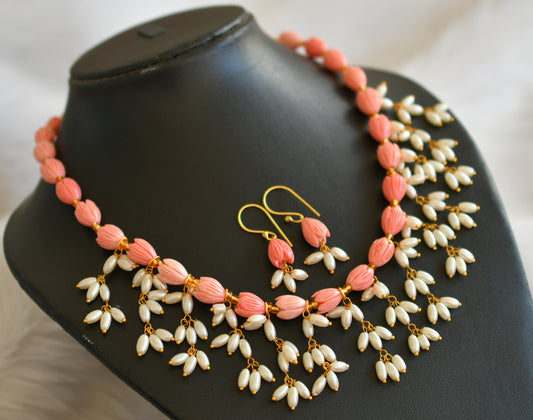 Gold tone baby pink-rice pearl cluster tulip beaded necklace set dj-44825