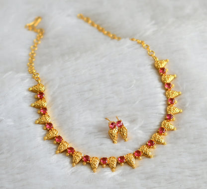 Gold tone magenta pink stone necklace set dj-48232