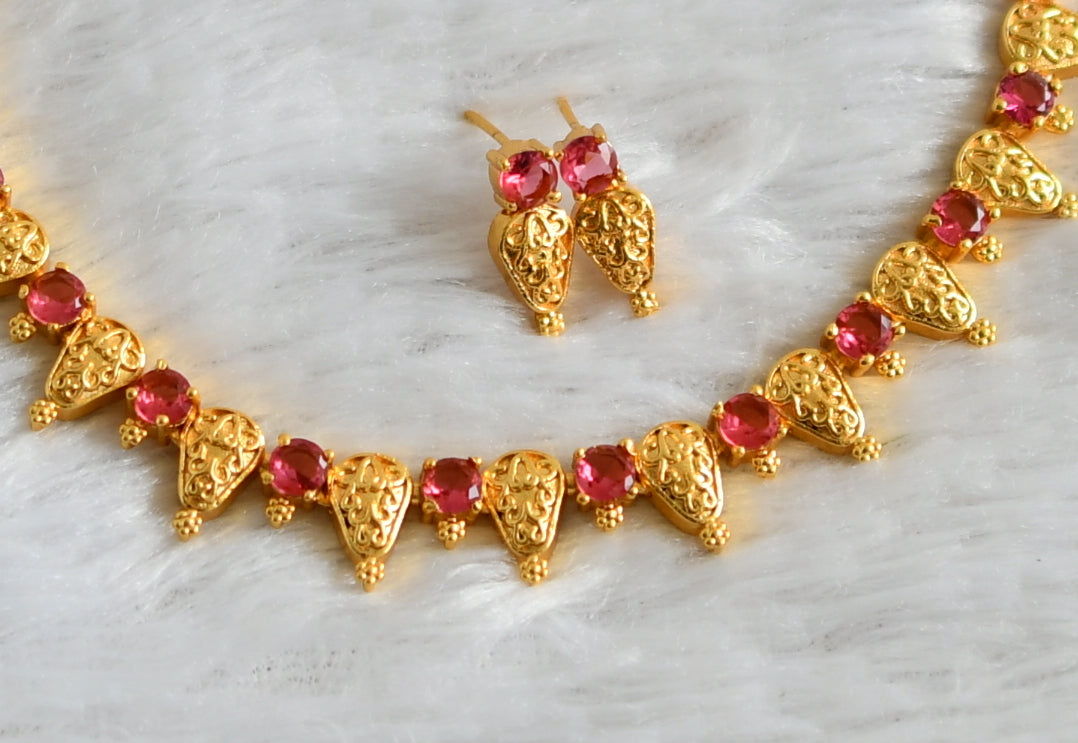 Gold tone magenta pink stone necklace set dj-48232