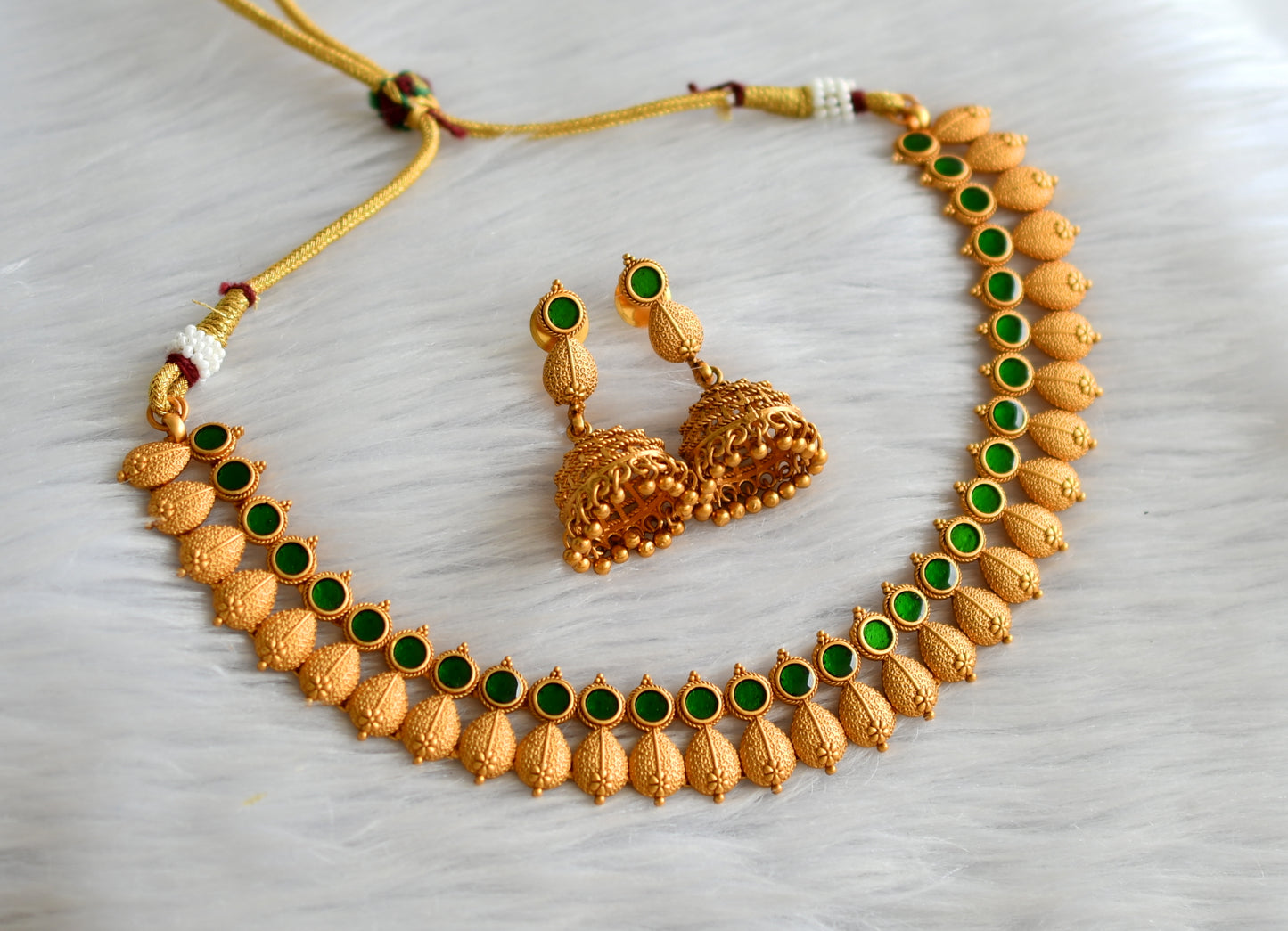 Matte finish green kerala style necklace set dj-43288