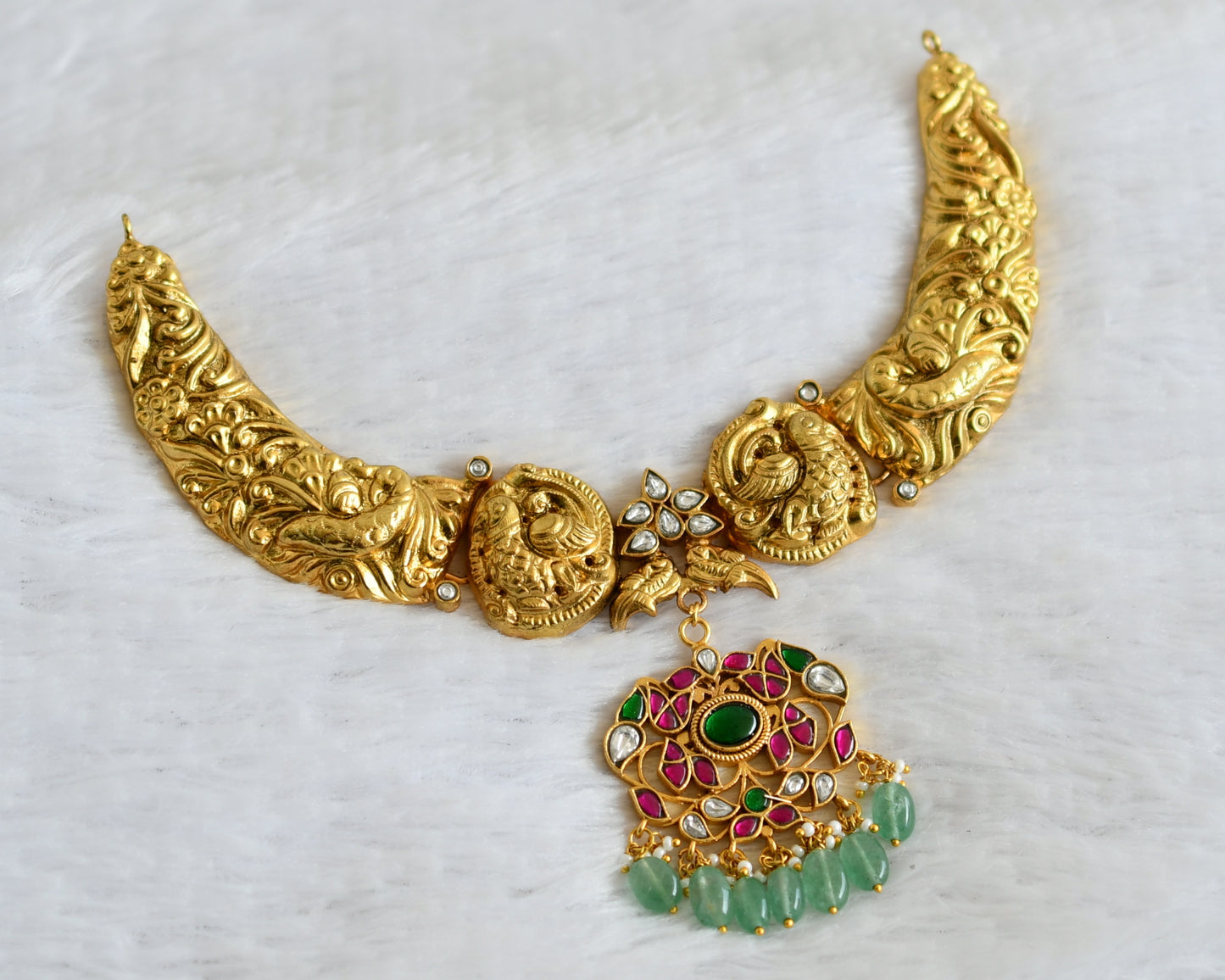 Antique gold tone pink-green-white kundan jadau kante peacock necklace dj-50249