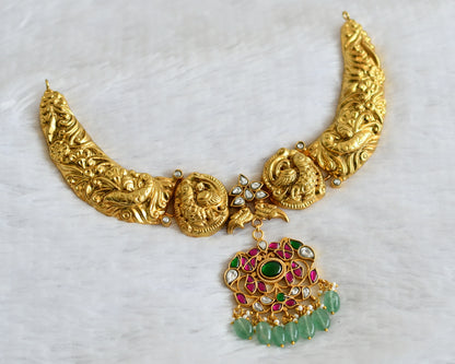 Antique gold tone pink-green-white kundan jadau kante peacock necklace dj-50249