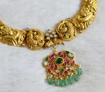Antique gold tone pink-green-white kundan jadau kante peacock necklace dj-50249