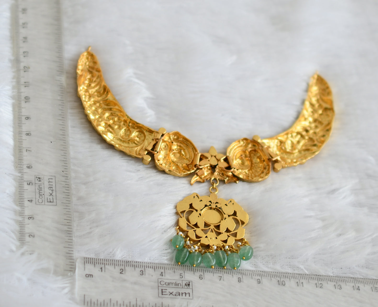 Antique gold tone pink-green-white kundan jadau kante peacock necklace dj-50249