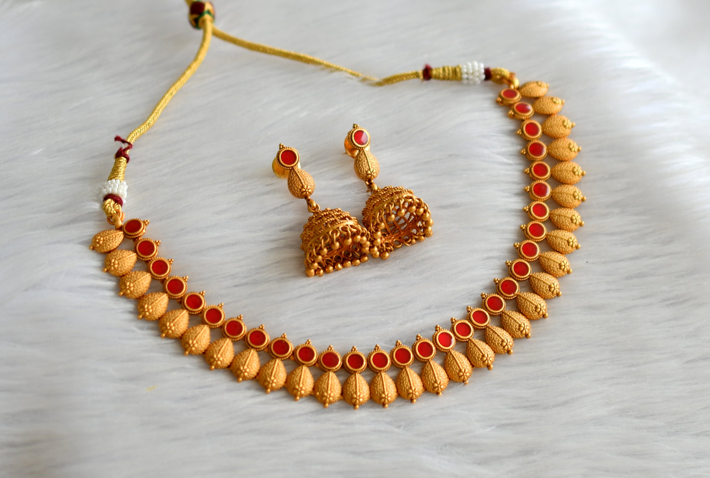 Matte finish red kerala style necklace dj-43289