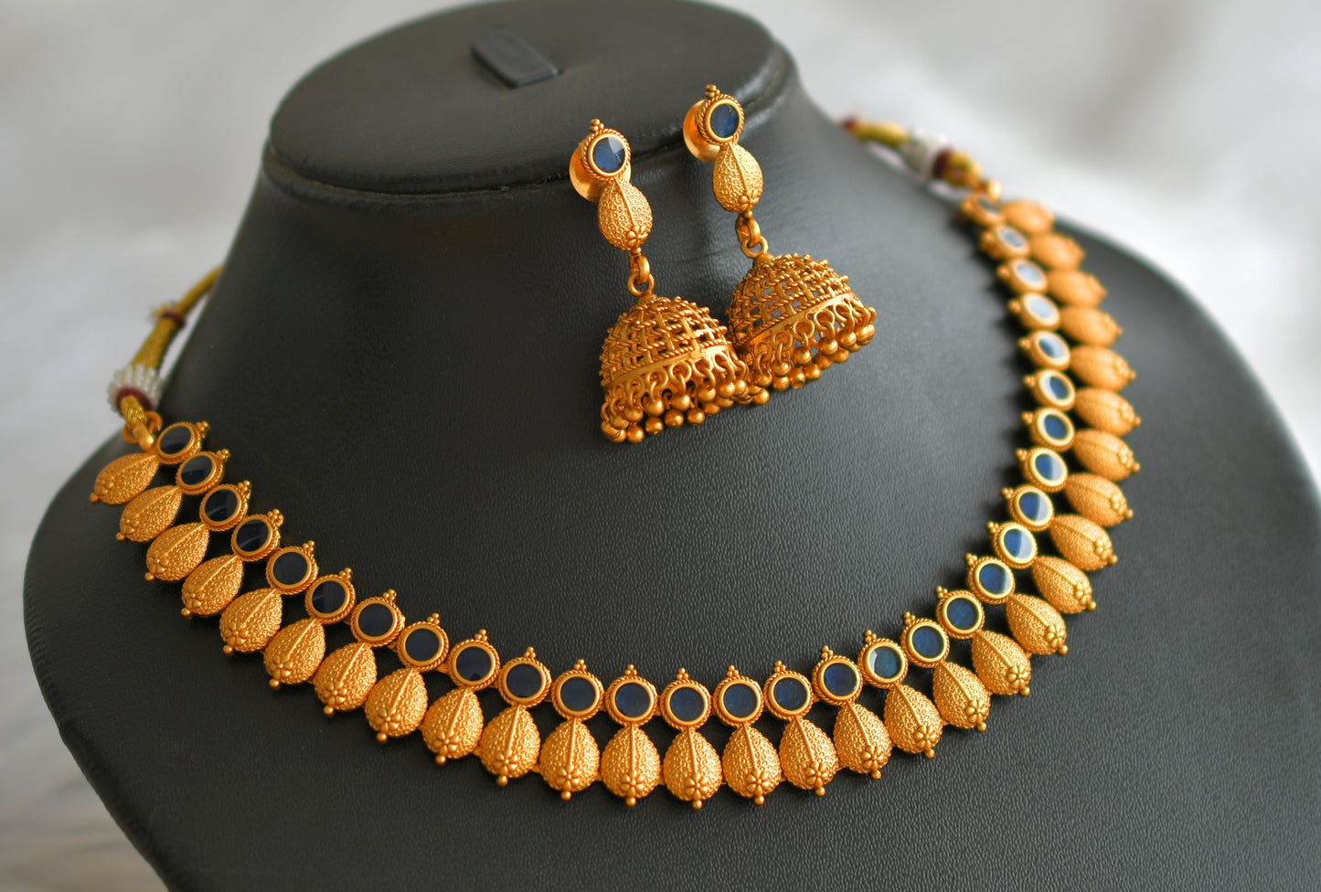 Matte finish blue kerala style necklace set dj-43290