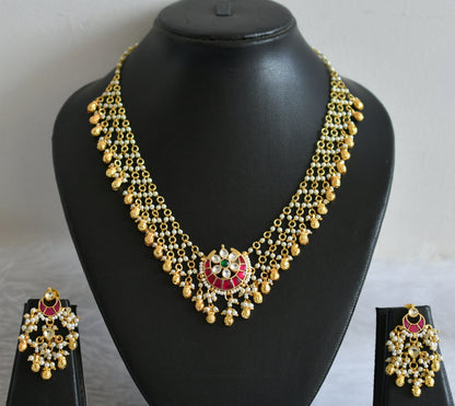 Gold tone pink-green-white pearl kundan jadau moon necklace set dj-50234