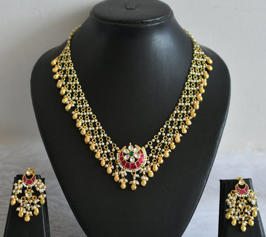 Gold tone pink-green-white pearl kundan jadau moon necklace set dj-50234