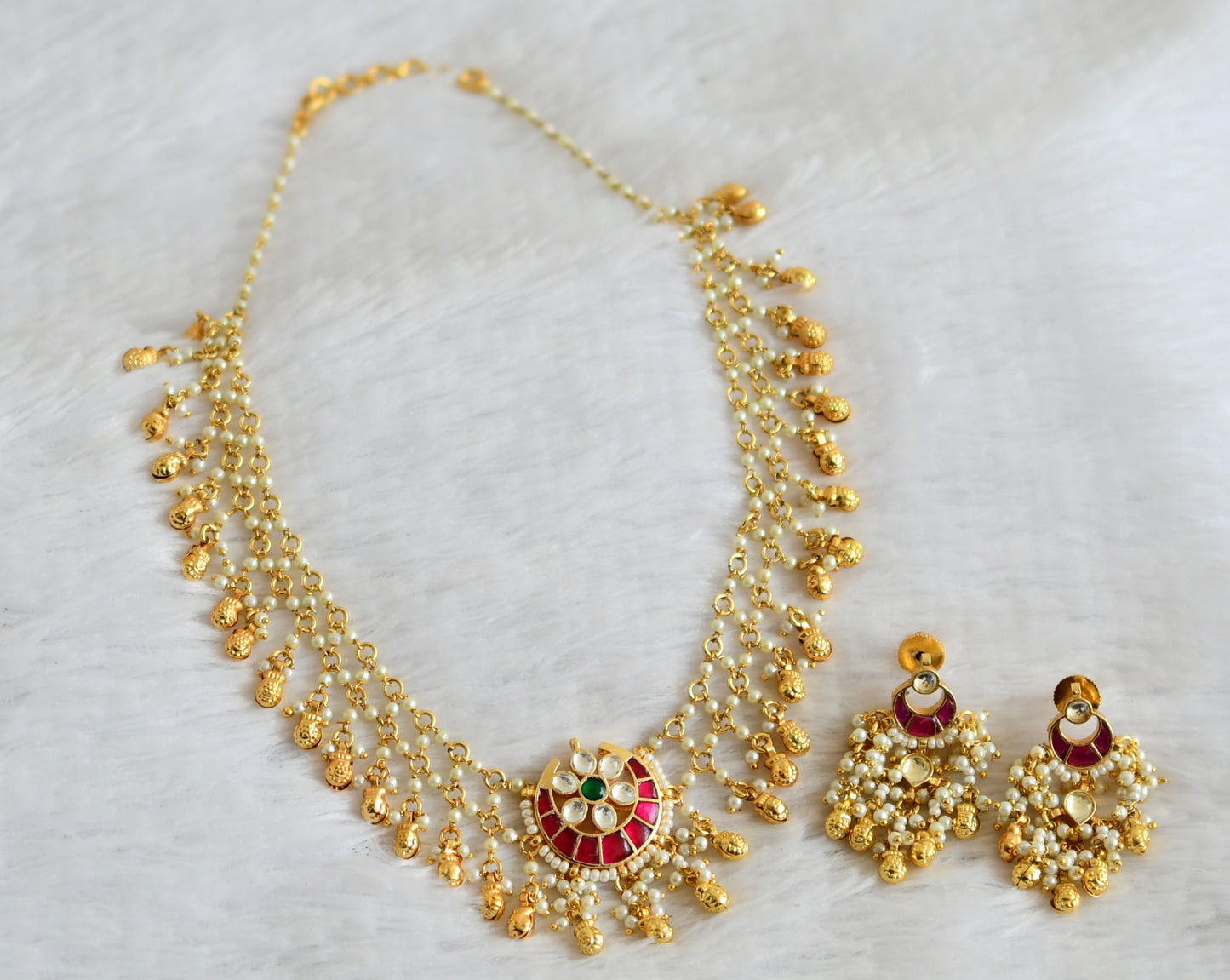 Gold tone pink-green-white pearl kundan jadau moon necklace set dj-50234