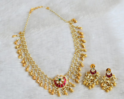 Gold tone pink-green-white pearl kundan jadau moon necklace set dj-50234