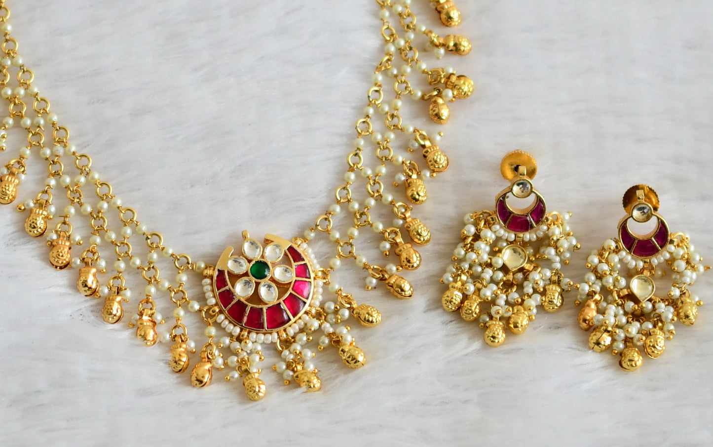 Gold tone pink-green-white pearl kundan jadau moon necklace set dj-50234